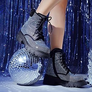 Wavyvigs Rhinestone Combat Boots Platform Chunky Heel Lace